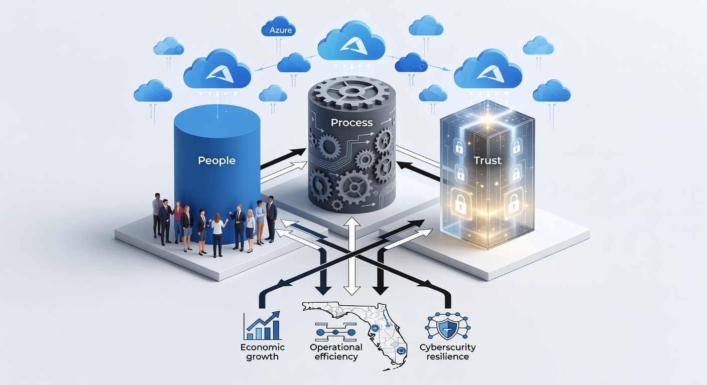 Clean structural diagram showing Fox Computer Solutions three-pillar framework of People, Process, and Trust with arrows connecting to Florida business outcomes and Azure cloud icons
