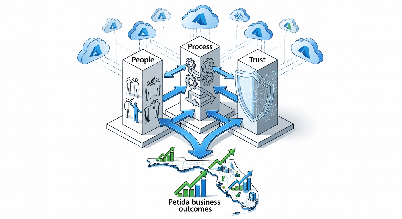 Clean structural diagram showing Fox Computer Solutions three-pillar framework of People, Process, and Trust with arrows connecting to Florida business outcomes and Microsoft Azure cloud icons