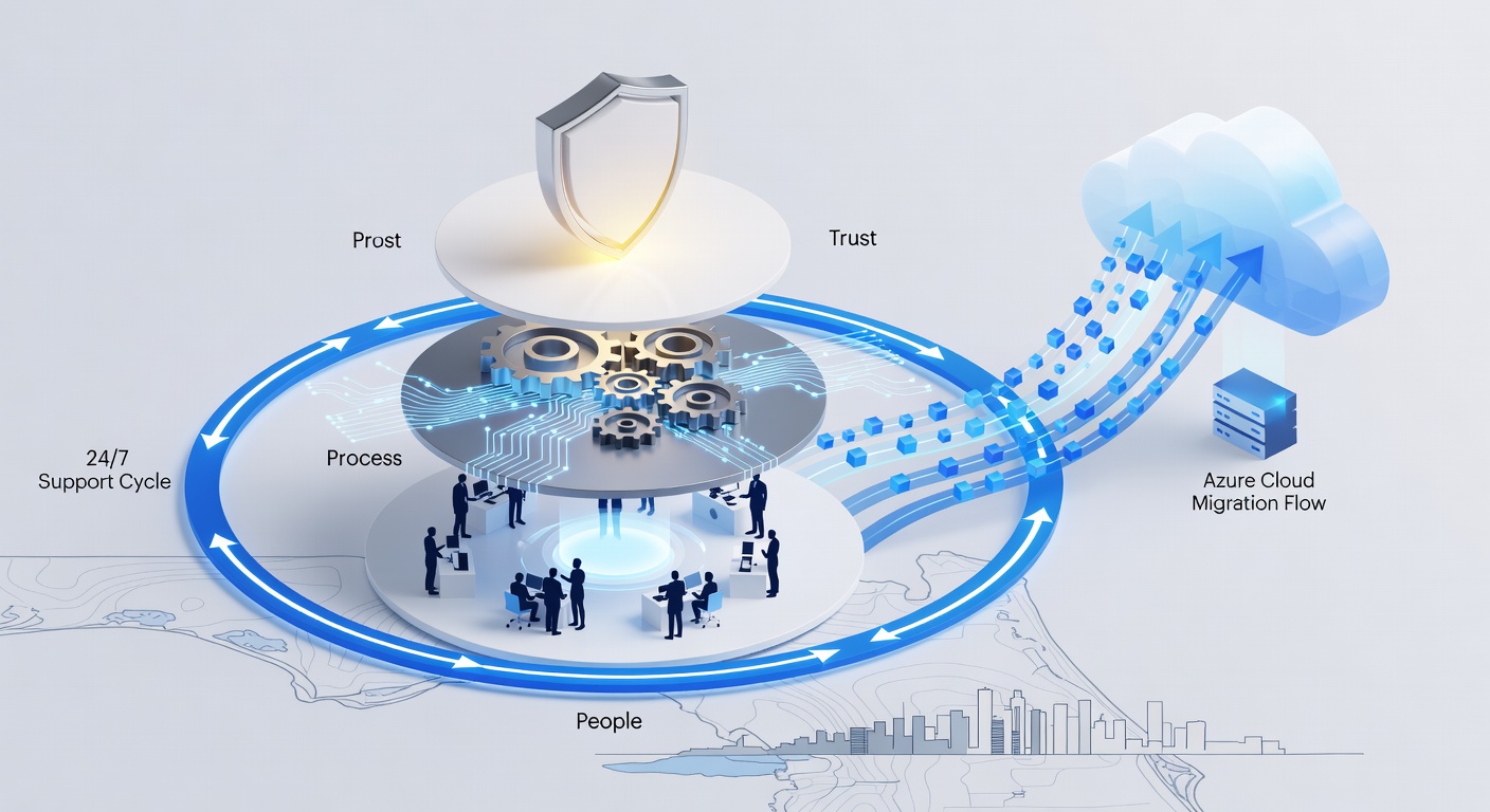 Clean structural diagram showing People Process Trust layers connected to 24/7 support cycle and Azure cloud migration flow for Orlando Florida clients