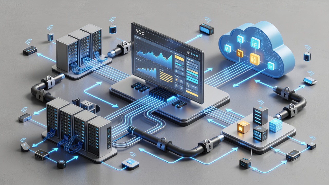 Clean technical diagram illustrating managed IT services architecture with central NOC dashboard connected to on-premises servers, Azure cloud resources, IoT endpoints, and secure VPN tunnels showing data flow and alert pathways