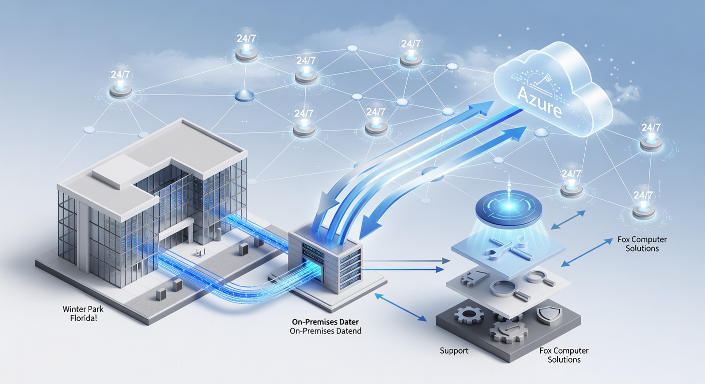 Clean technical diagram showing a Winter Park business network connecting to Microsoft Azure cloud with labeled 24/7 monitoring nodes, hybrid migration flow arrows, and Fox Computer Solutions support tiers