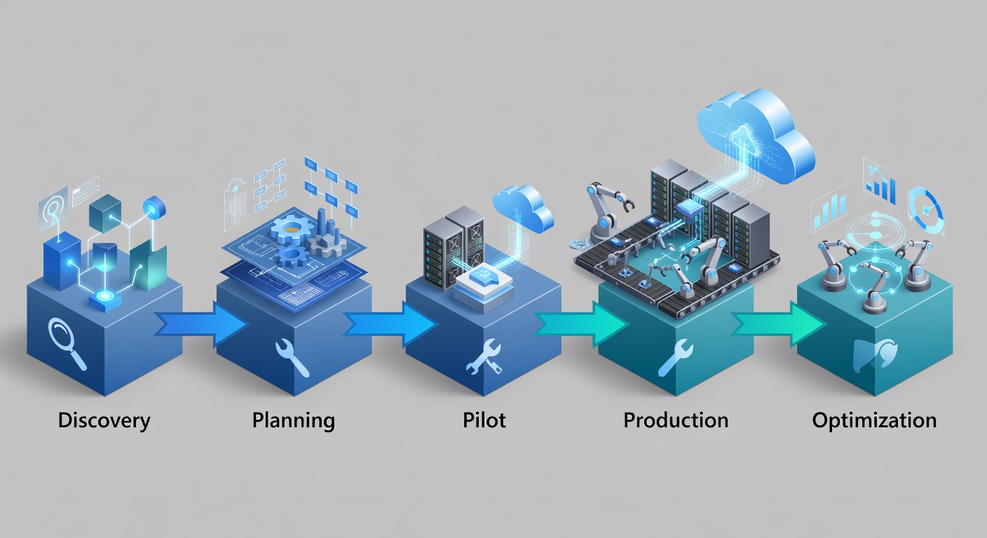 Clean technical diagram showing five sequential phases of Azure hybrid migration timeline for manufacturers with arrows and icons for discovery, planning, pilot, production, and optimization stages