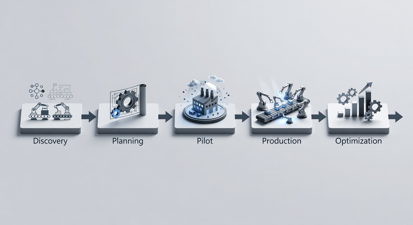 Clean technical diagram showing five sequential phases of Azure migration timeline for manufacturers with arrows and icons for discovery, planning, pilot, production, and optimization stages