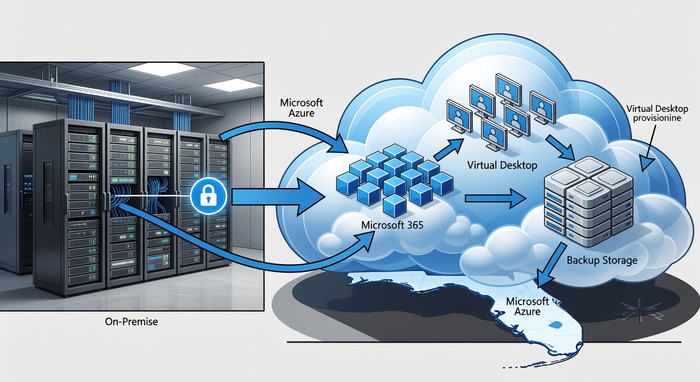 Clean technical diagram showing hybrid Microsoft Azure architecture with on-premise servers connected to Azure cloud services including Microsoft 365, virtual desktops, and backup storage for Florida businesses