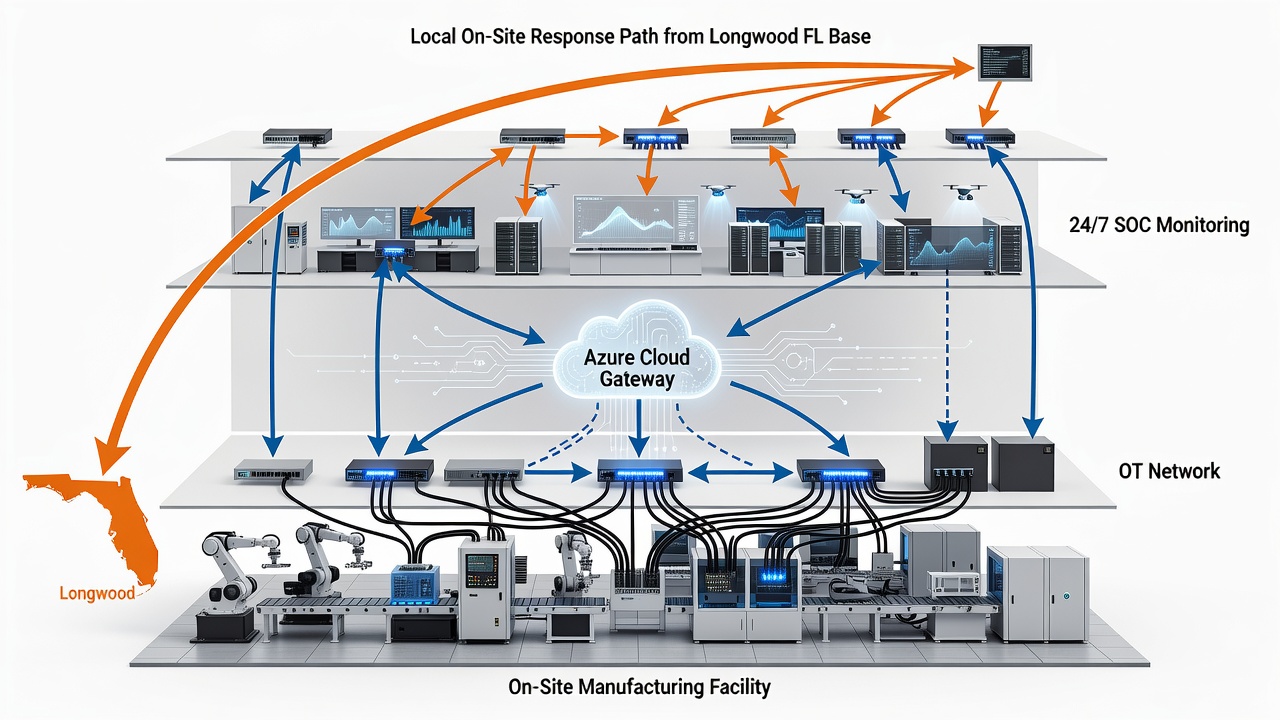 Clean technical diagram showing layered IT architecture for a manufacturing facility with OT network, Azure cloud gateway, 24/7 SOC monitoring, and local on-site response path from Longwood FL base