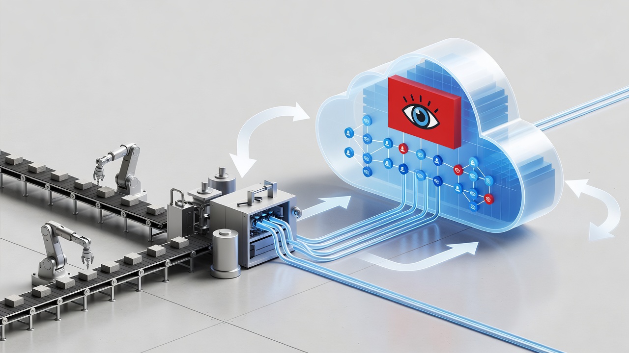 Clean technical diagram showing manufacturing production line connected to hybrid Azure cloud with labeled 24/7 monitoring and dedicated team leader elements.