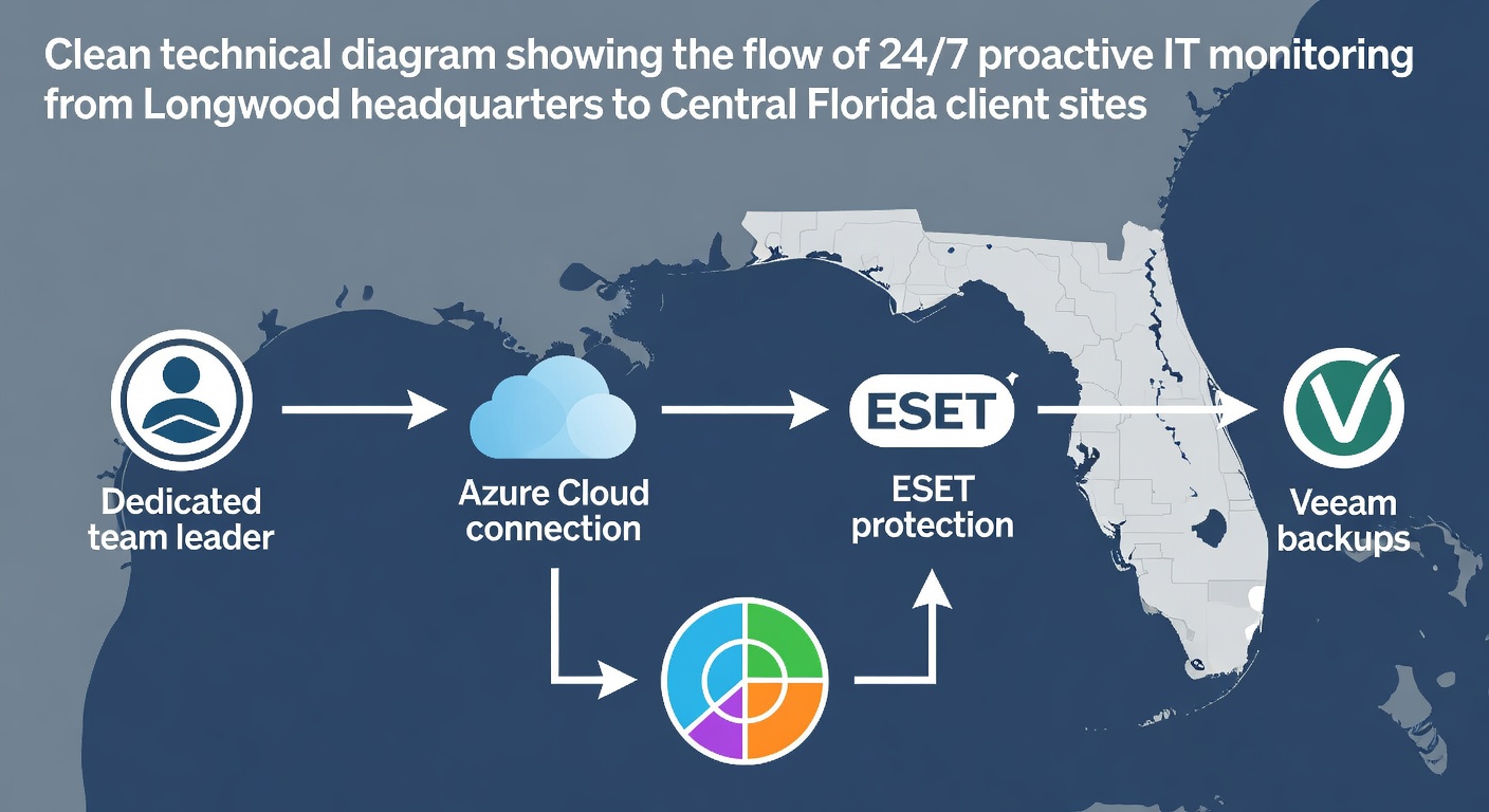 Clean technical diagram showing the flow of 24/7 proactive IT monitoring from Longwood headquarters to Central Florida client sites, with labeled components for dedicated team leader, Azure cloud connection, ESET protection, and Veeam backups