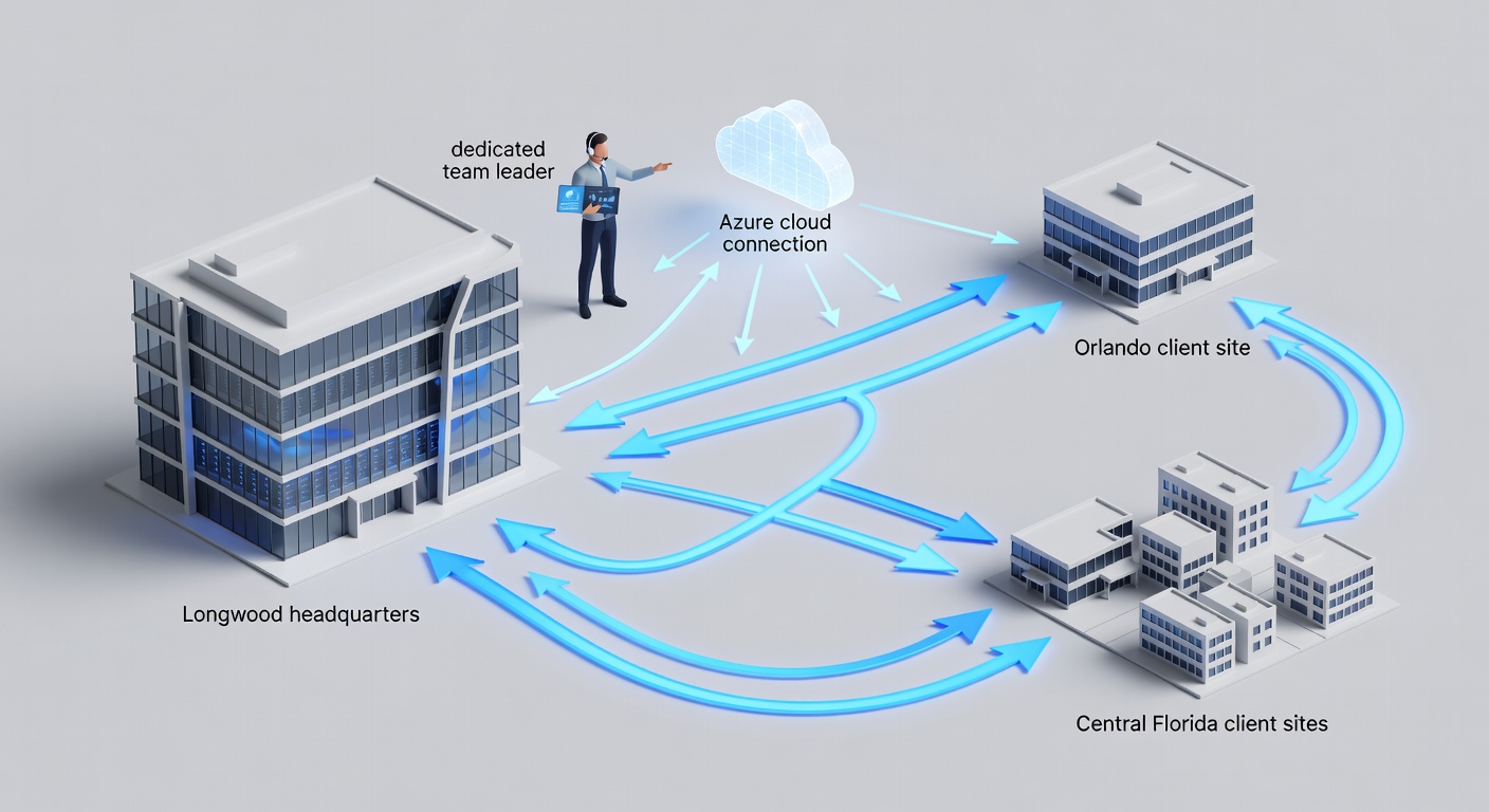 Clean technical diagram showing the flow of proactive IT monitoring from Longwood headquarters to Orlando and Central Florida client sites with labeled components for 24/7 support, dedicated team leader, and Azure cloud connection.