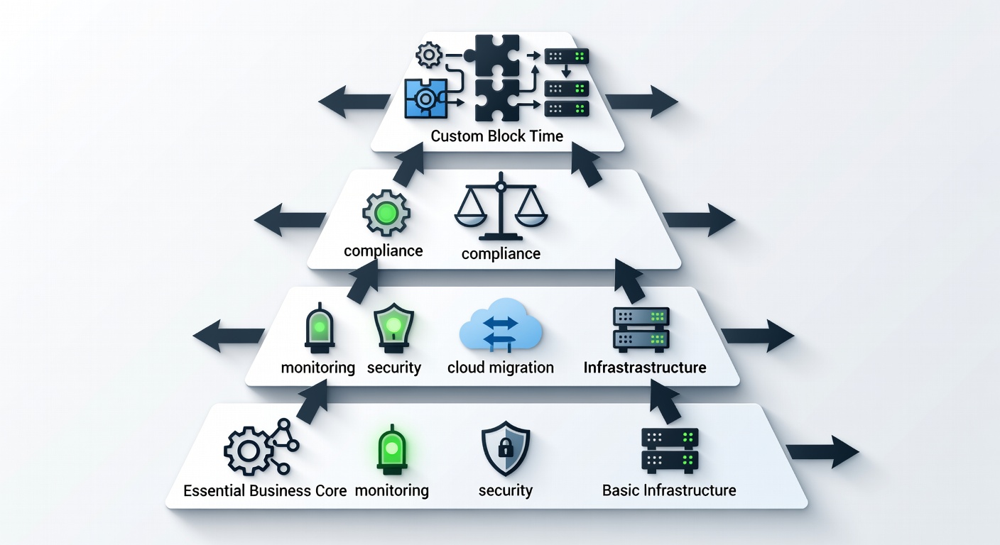 Clean technical diagram showing the four-tier managed IT service packages from Fox Computer Solutions with icons for monitoring, security, cloud migration, and compliance features connected by arrows indicating scalability from Essential Business Core to Custom Block Time