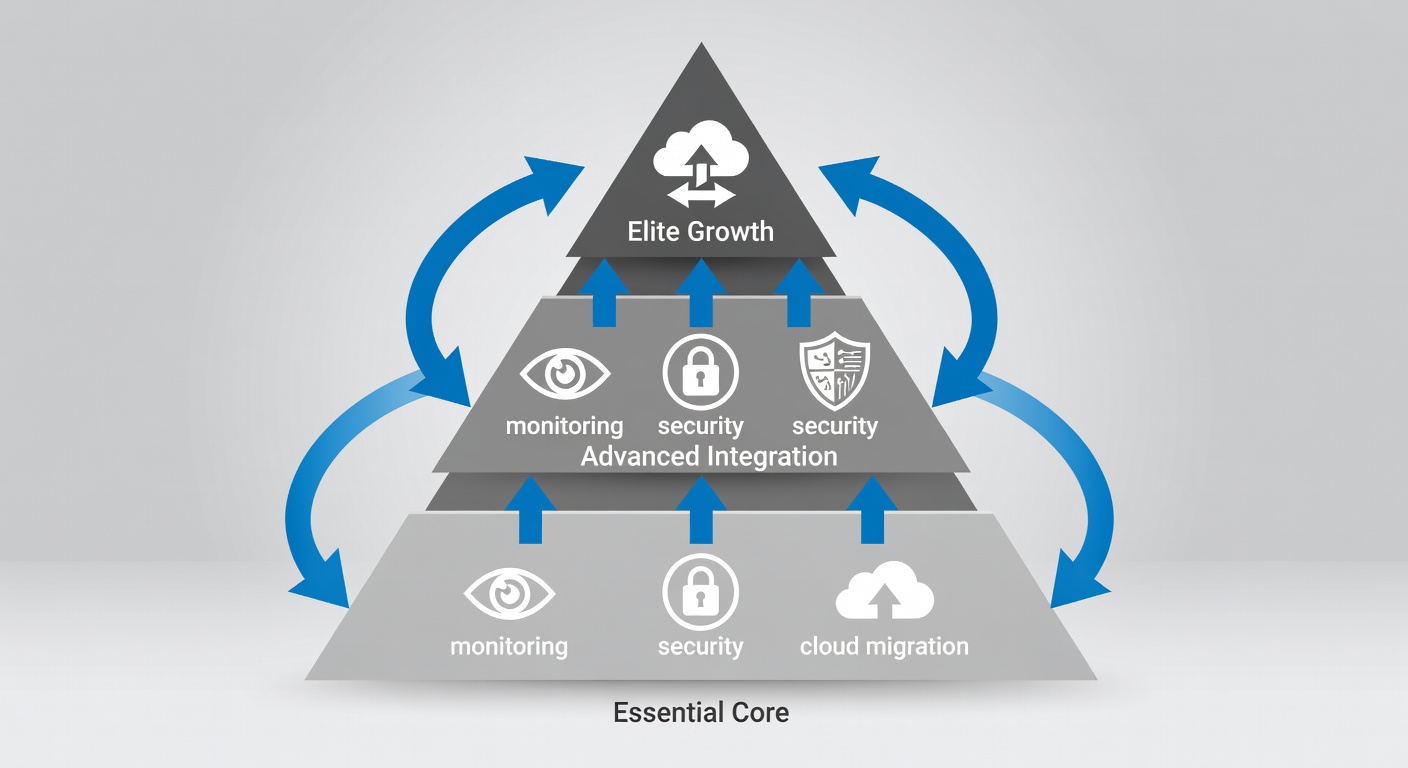 Clean technical diagram showing the three-tier managed IT service packages with icons for monitoring, security, and cloud migration connected by arrows indicating scalability from Essential Core to Elite Growth