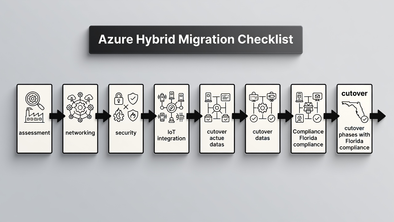 Clean technical flowchart diagram showing 8-step Azure hybrid migration checklist for Orlando manufacturers including assessment, networking, security, IoT integration, and cutover phases with Florida compliance icons