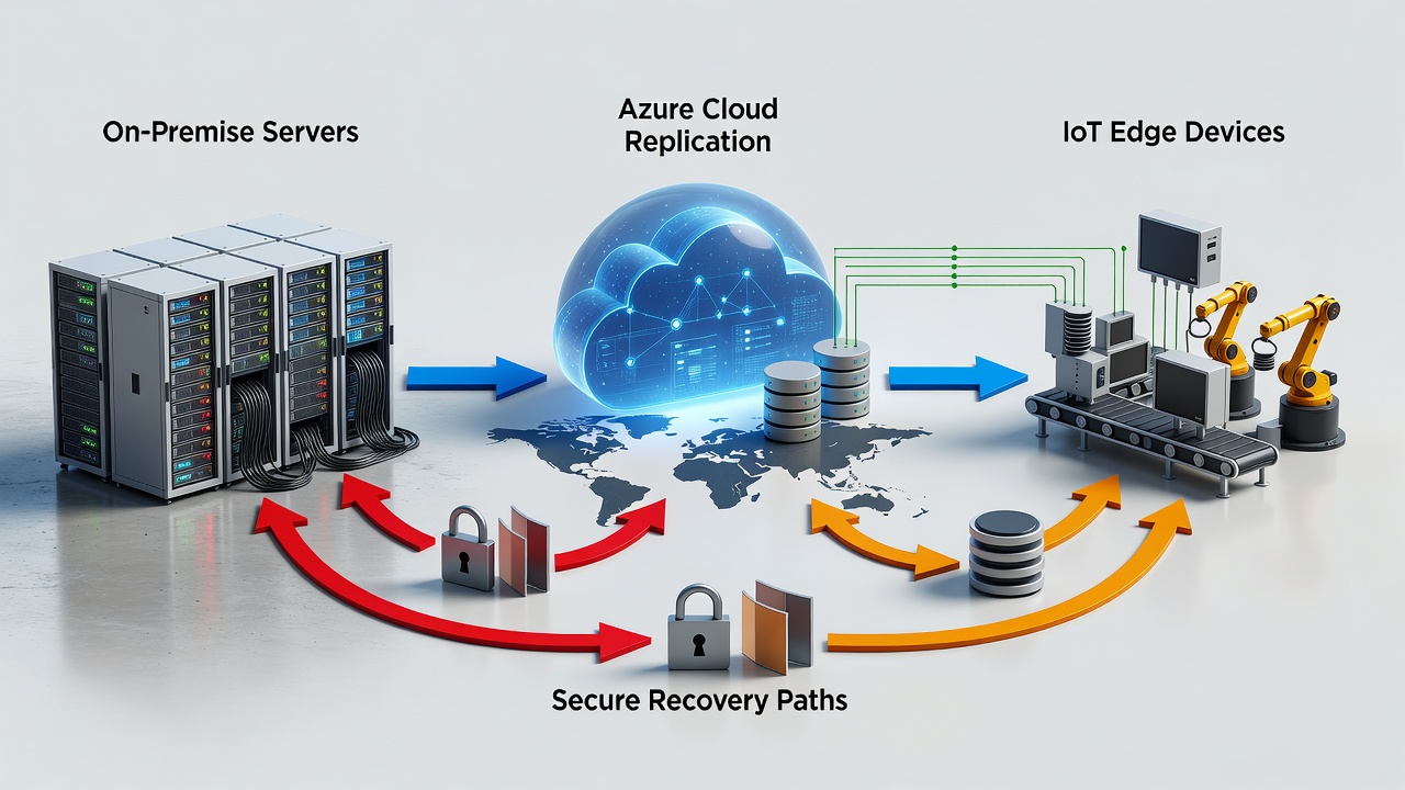 Detailed diagram illustrating a complete data backup and recovery workflow for manufacturing environments, showing on-premise servers, Azure cloud replication, IoT edge devices, and secure recovery paths.