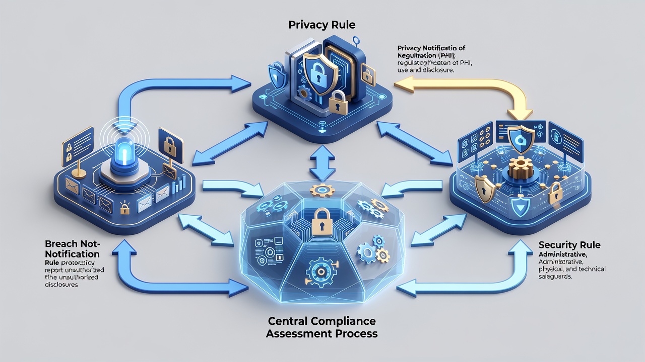 Detailed diagram illustrating the three core HIPAA rules (Privacy, Security, Breach Notification) with connected workflow arrows showing how each rule feeds into a central compliance assessment process for protected health information.