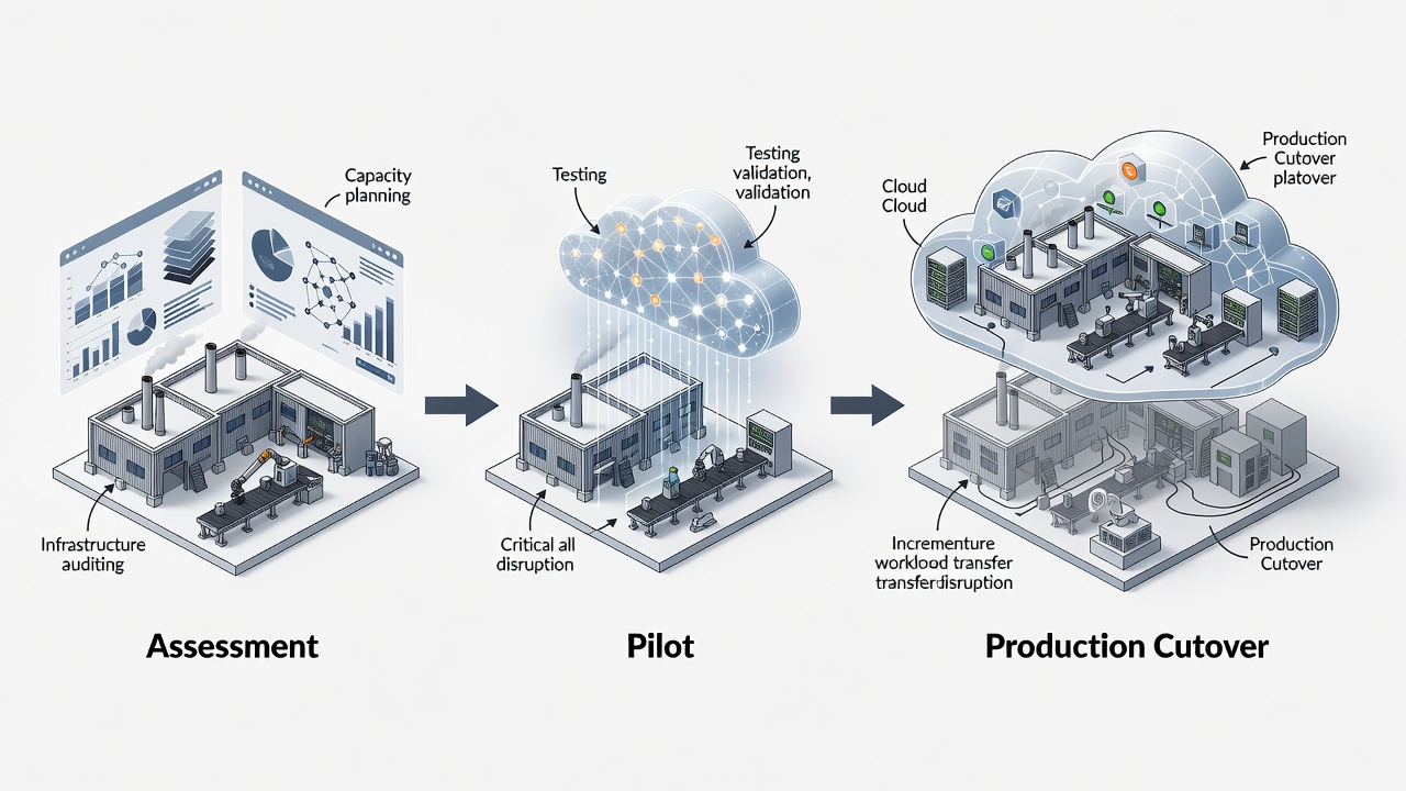 Detailed diagram showing phased Azure migration flow for a Central Florida manufacturing plant including assessment, pilot, and production cutover stages
