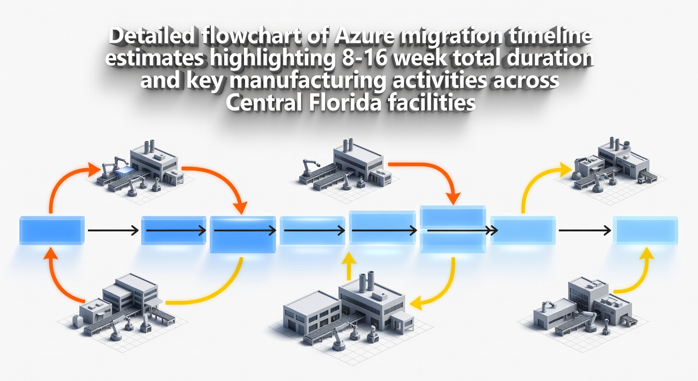 Detailed flowchart of Azure migration timeline estimates highlighting 8-16 week total duration and key manufacturing activities across Central Florida facilities