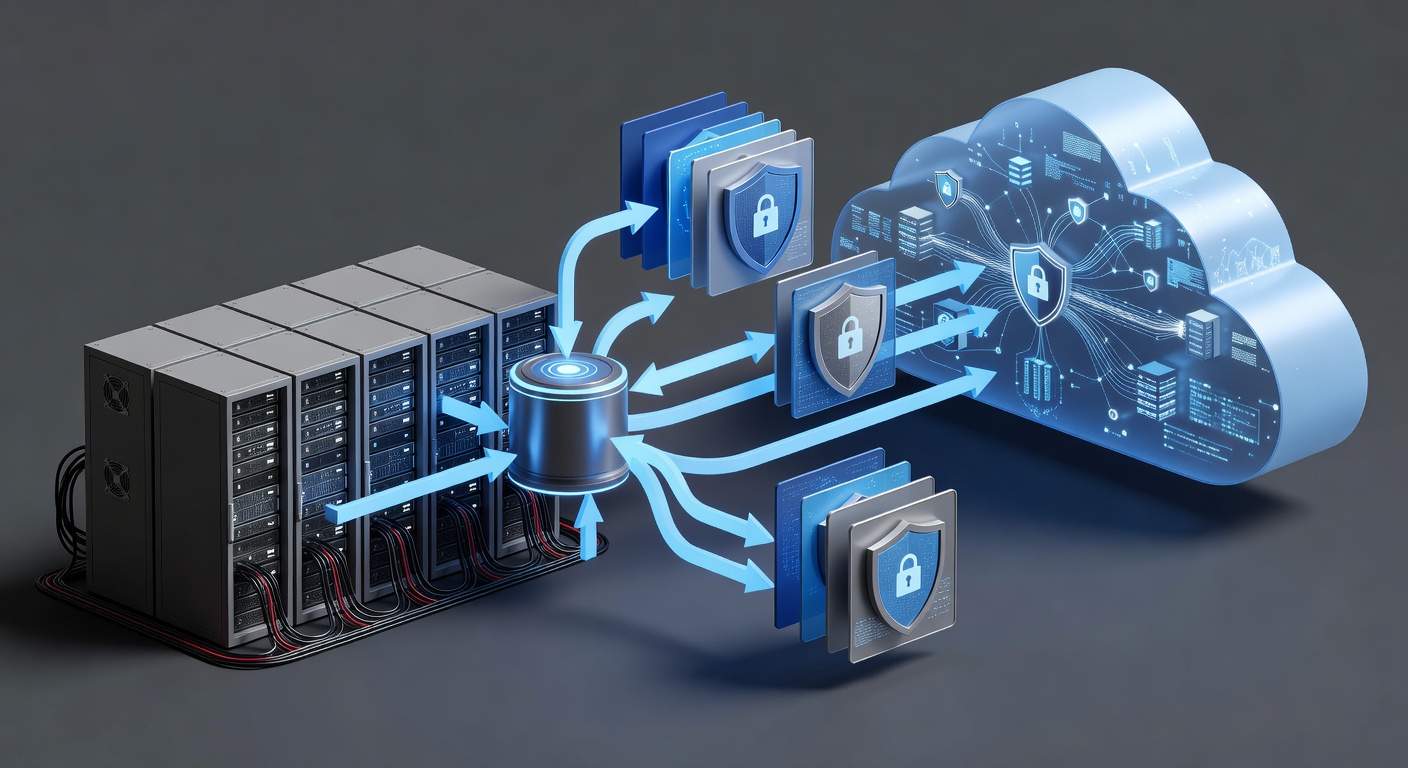 Detailed technical diagram showing on-premises servers connected through Azure Arc gateway to Azure cloud resources with labeled security layers and data flow arrows