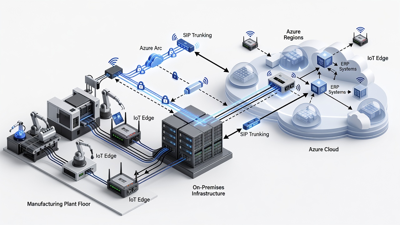 Detailed technical diagram showing VoIP Solutions architecture for manufacturing plants including on-premises PBX replacement, Azure Arc integration, IoT Edge devices, SIP trunking, ERP systems, and secure connectivity to Azure regions.