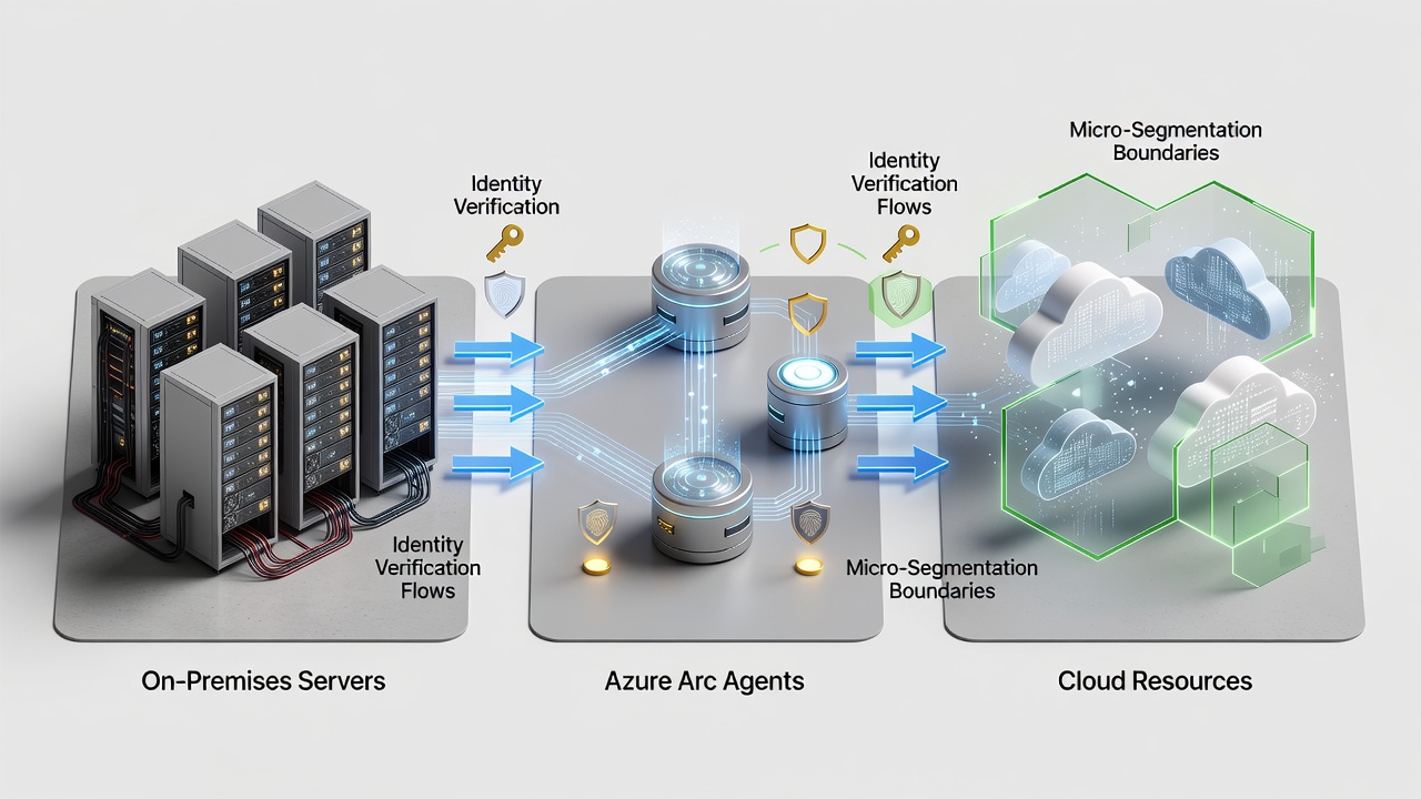 Educational diagram illustrating zero-trust enforcement points across on-premises servers, Azure Arc agents, and cloud resources with labeled identity verification flows and micro-segmentation boundaries