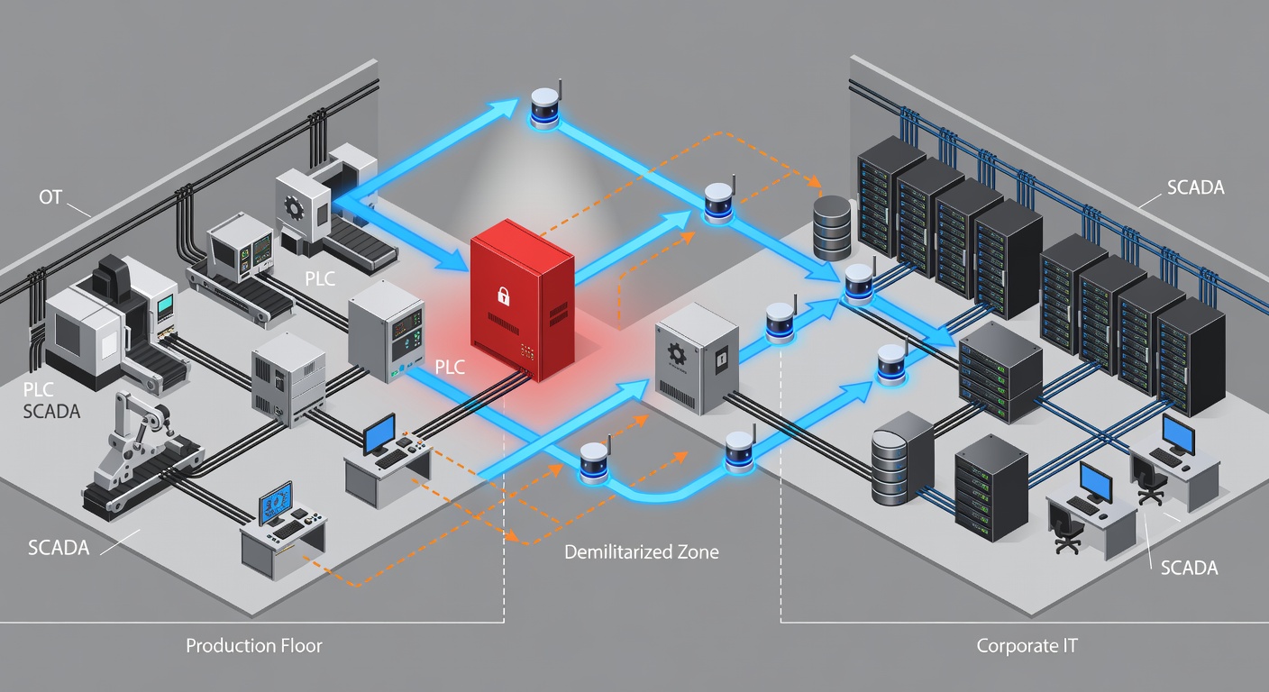 Educational diagram showing OT network segmentation with firewalls, monitoring sensors, and secure data flow between production floor and corporate IT for a manufacturing facility.