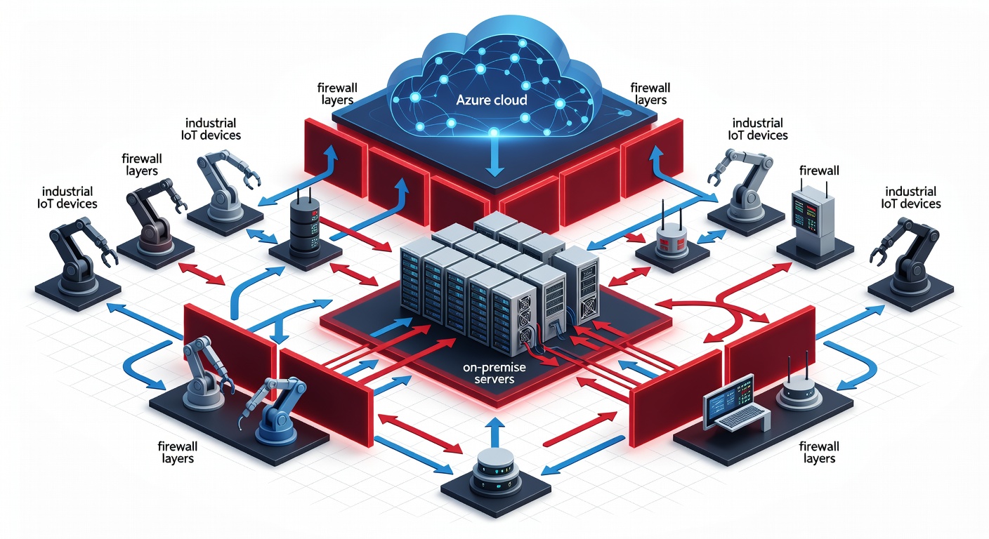 Educational diagram showing secure network architecture for manufacturing facilities with labeled Azure cloud, on-premise servers, industrial IoT devices, and firewall layers