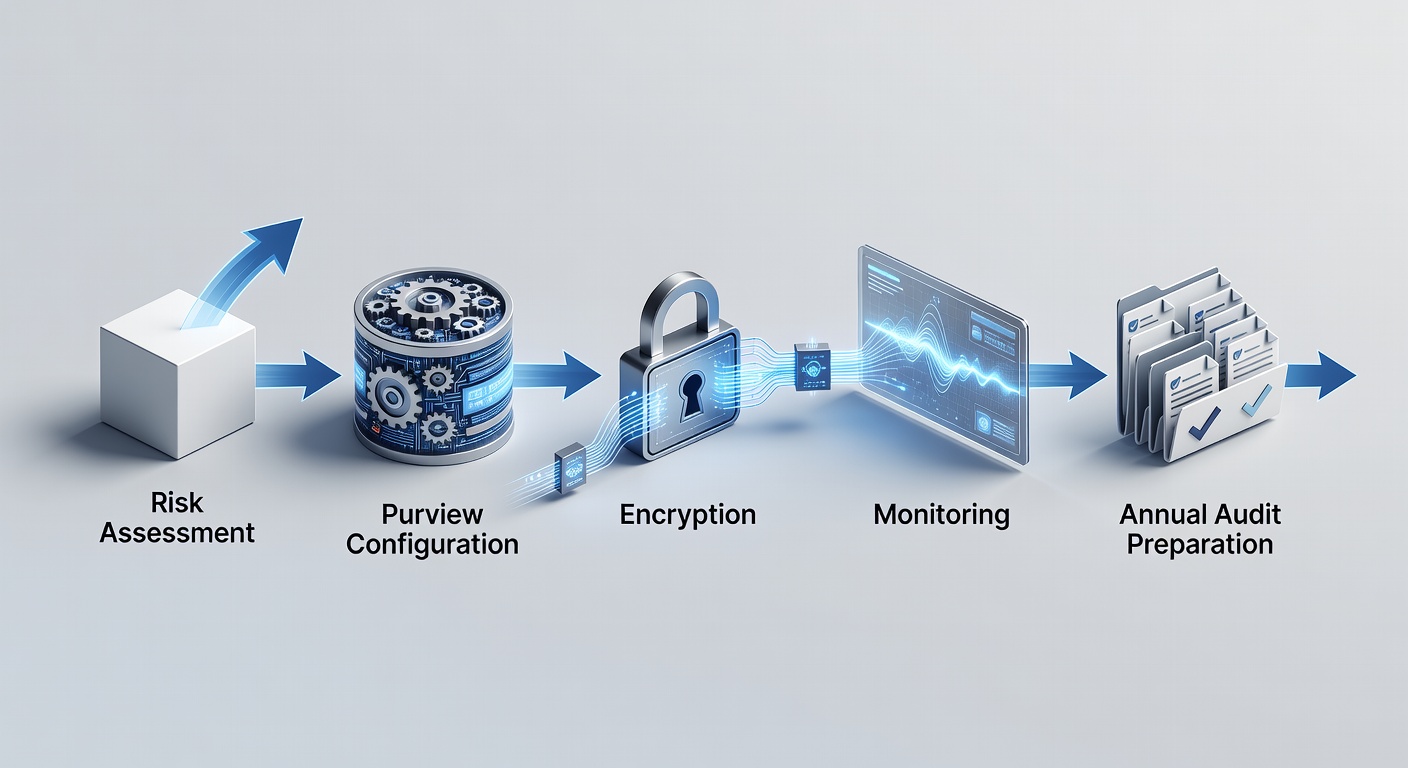 Flowchart illustrating HIPAA compliance workflow with steps for risk assessment, Purview configuration, encryption, monitoring, and annual audit preparation