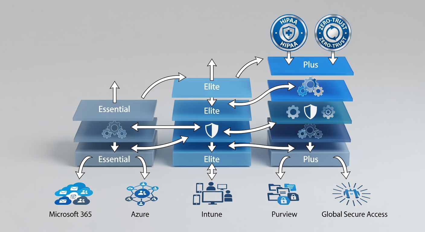 Layered architecture diagram illustrating security tiers across Essential, Elite, and Plus packages, with Microsoft 365, Azure, Intune, Purview, and Global Secure Access integrations plus compliance badges for HIPAA and zero-trust