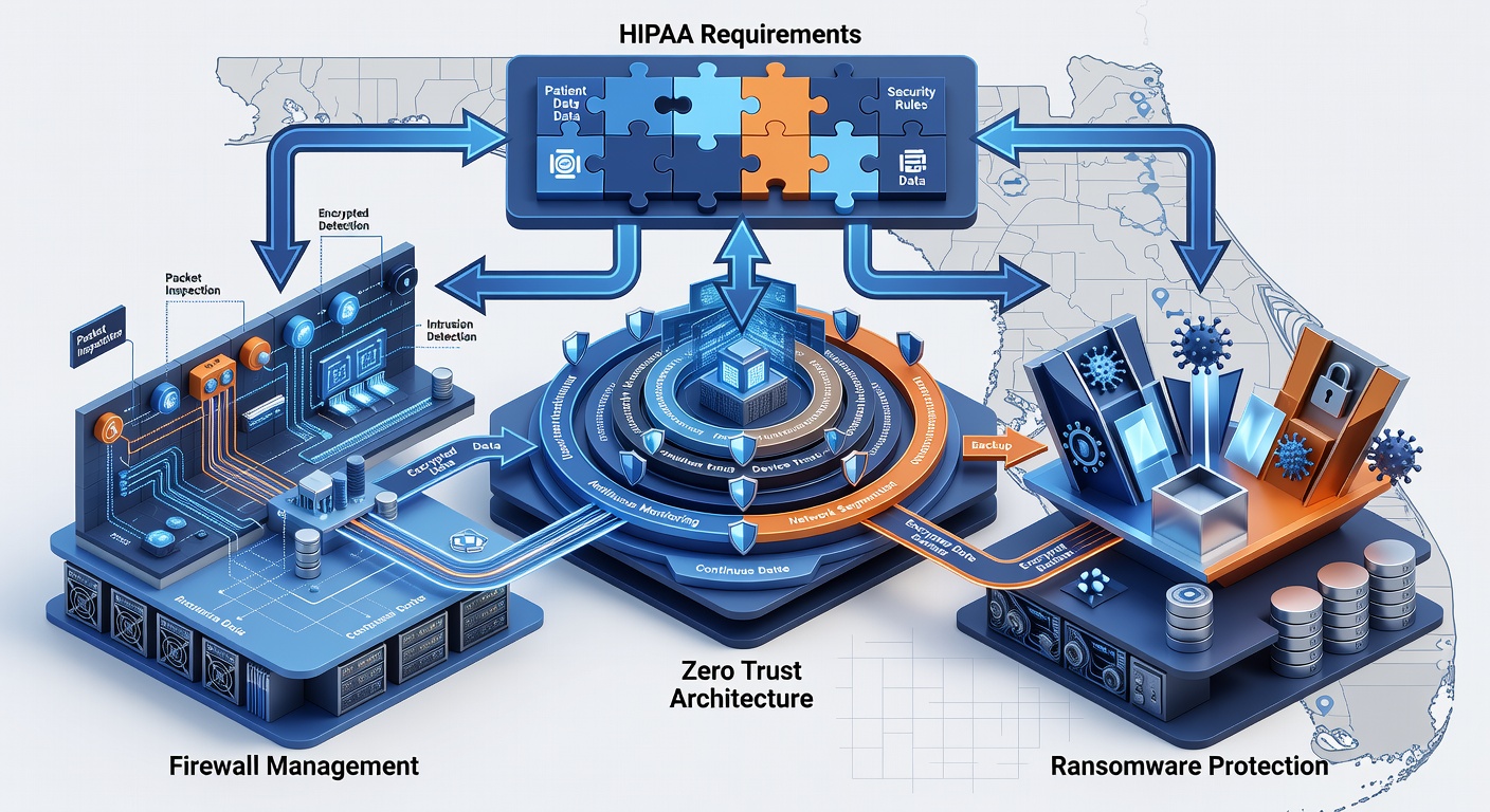 Structured compliance checklist diagram outlining HIPAA requirements, zero trust layers, firewall management, and ransomware protection for Central Florida organizations.