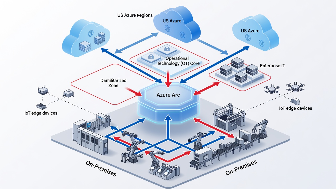 Technical diagram illustrating layered cybersecurity architecture for Orlando manufacturing plants, showing on-premises industrial control systems, Azure Arc integration, network segmentation zones, IoT edge devices, and secure connectivity to US Azure regions.