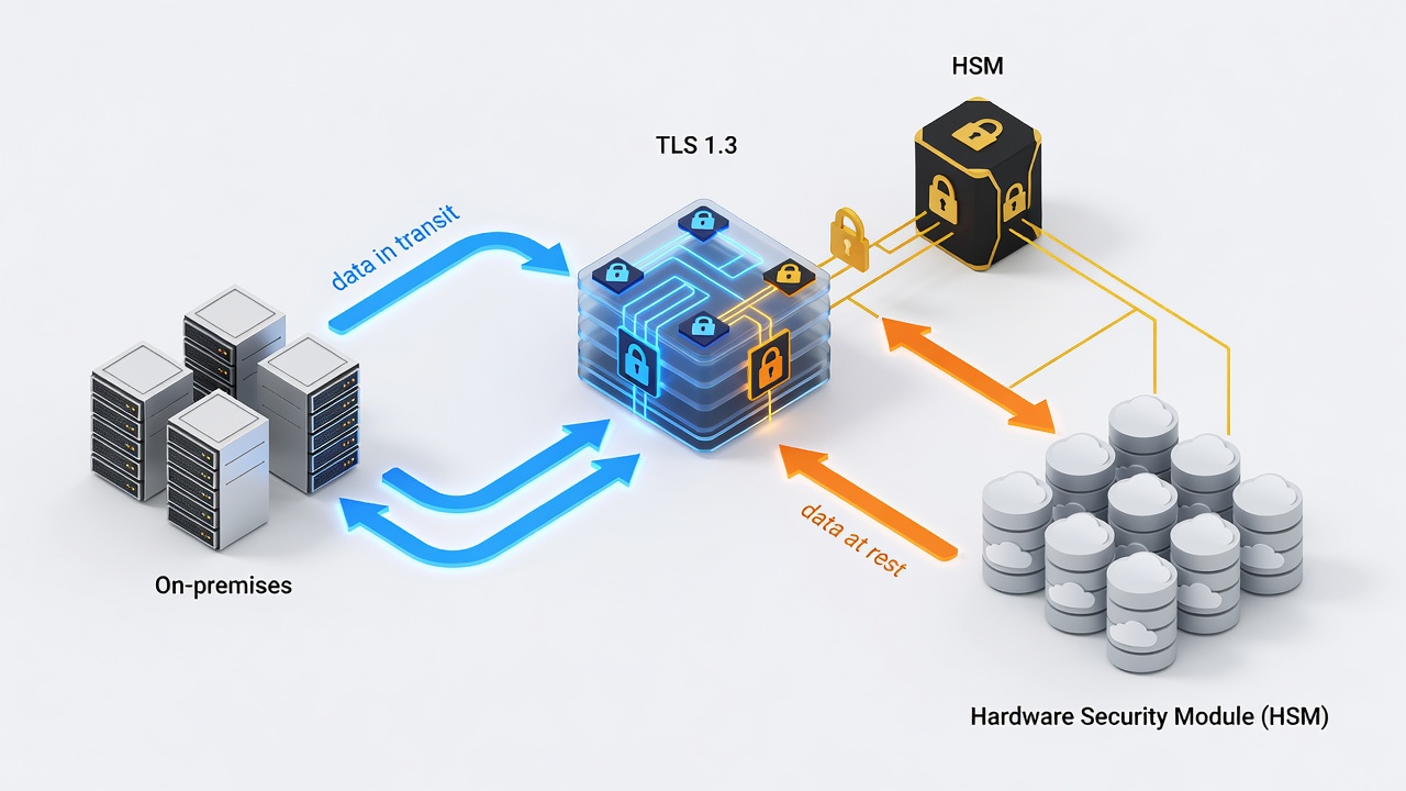 Technical diagram illustrating the Encryption Services architecture showing data flow from on-premises servers through TLS 1.3 encryption to cloud storage, with key management via HSM and separate paths for data at rest and data in transit.