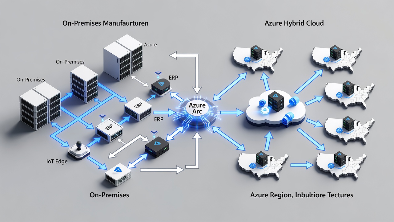 Technical diagram showing Azure hybrid cloud architecture for manufacturing plants, including on-premises servers, Azure Arc, IoT Edge devices, ERP systems, and secure connectivity to US Azure regions.