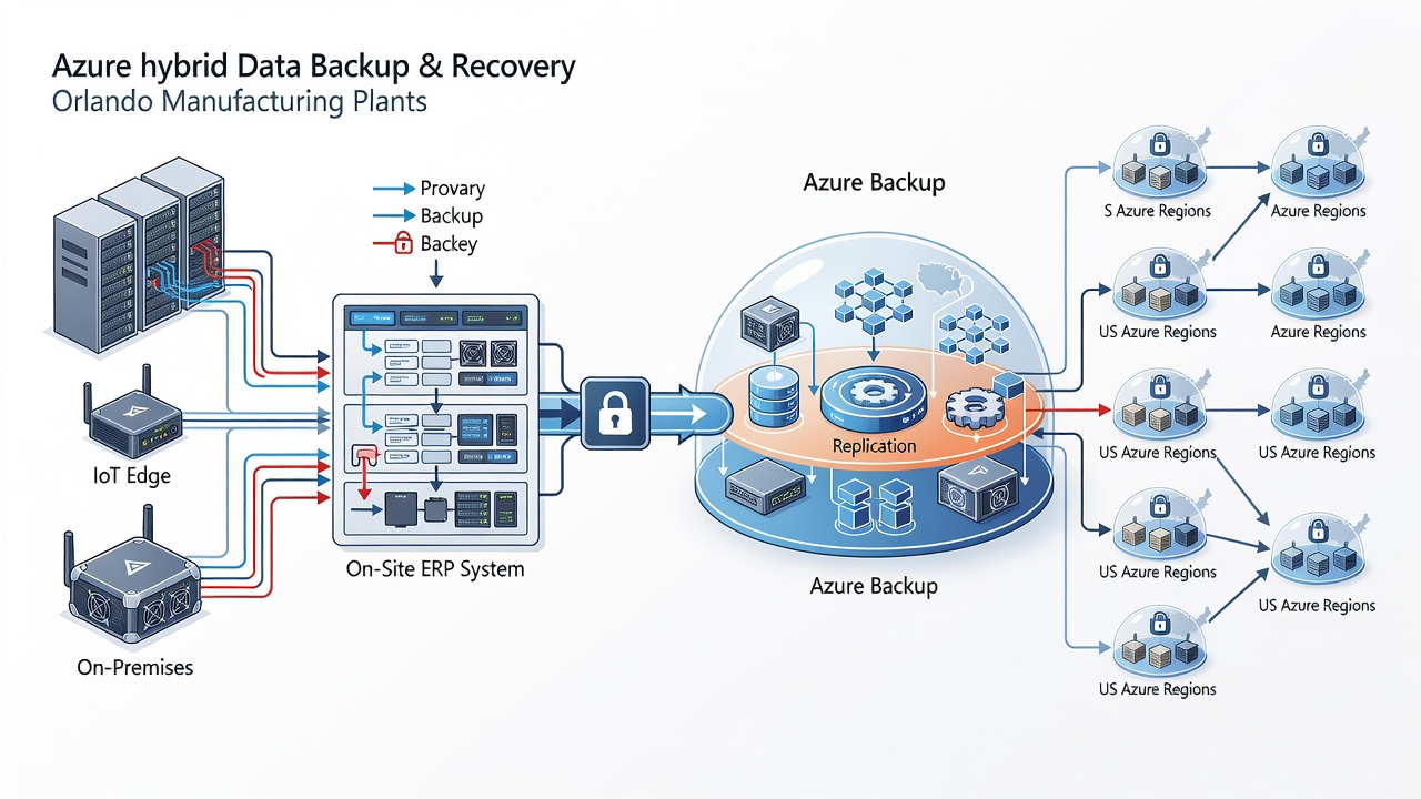 Technical diagram showing Azure hybrid Data Backup & Recovery architecture for Orlando manufacturing plants, including on-premises servers, Azure Backup, IoT Edge devices, ERP systems, and secure replication to US Azure regions.