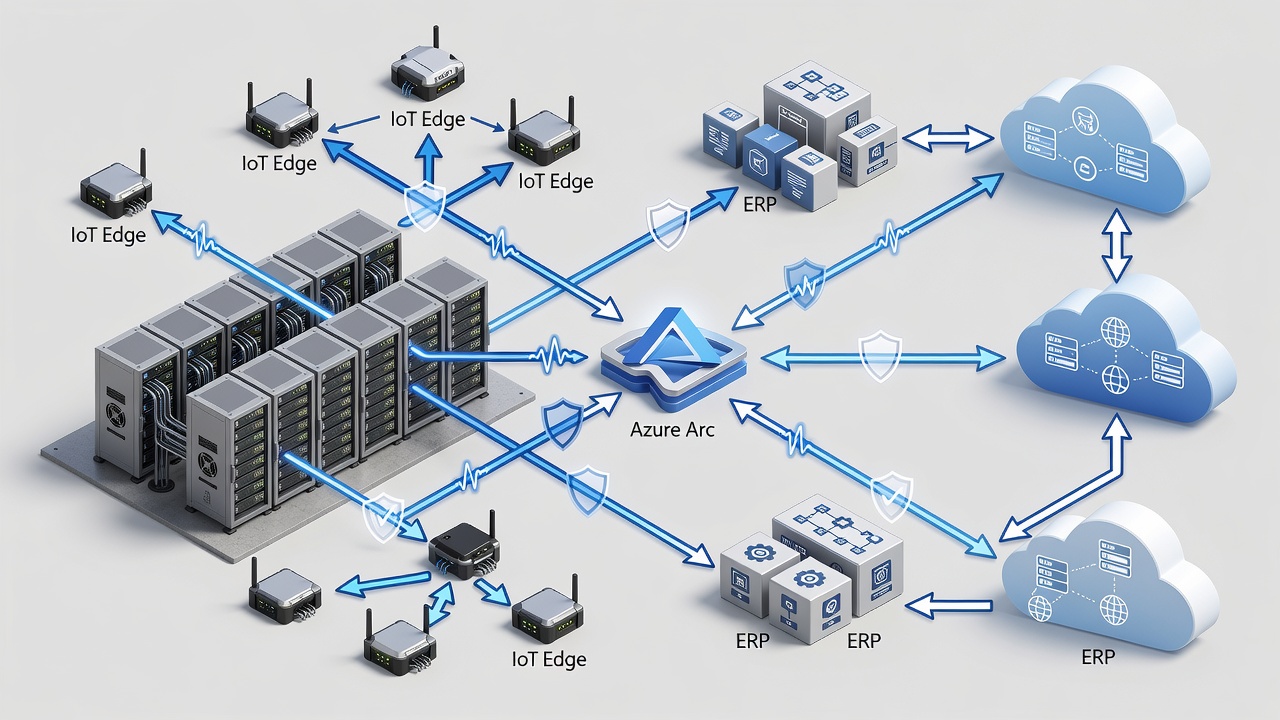 Technical diagram showing hybrid cloud architecture including on-premises servers, Azure Arc, IoT Edge devices, ERP systems, and secure connectivity links to cloud regions