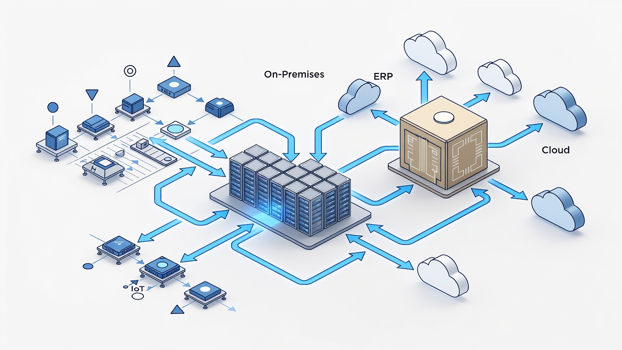 Technical diagram showing hybrid network architecture including on-premises servers, secure connectivity links, IoT edge devices, ERP systems, and cloud integration points for manufacturing environments.