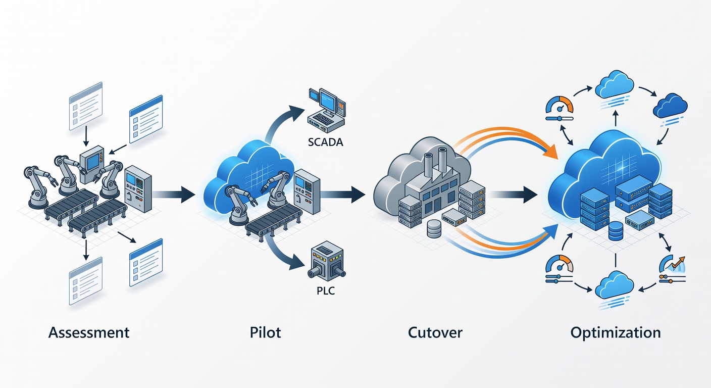 Technical diagram showing phased Azure migration flow for manufacturing environments including assessment, pilot, cutover, and optimization stages with SCADA and PLC integration points