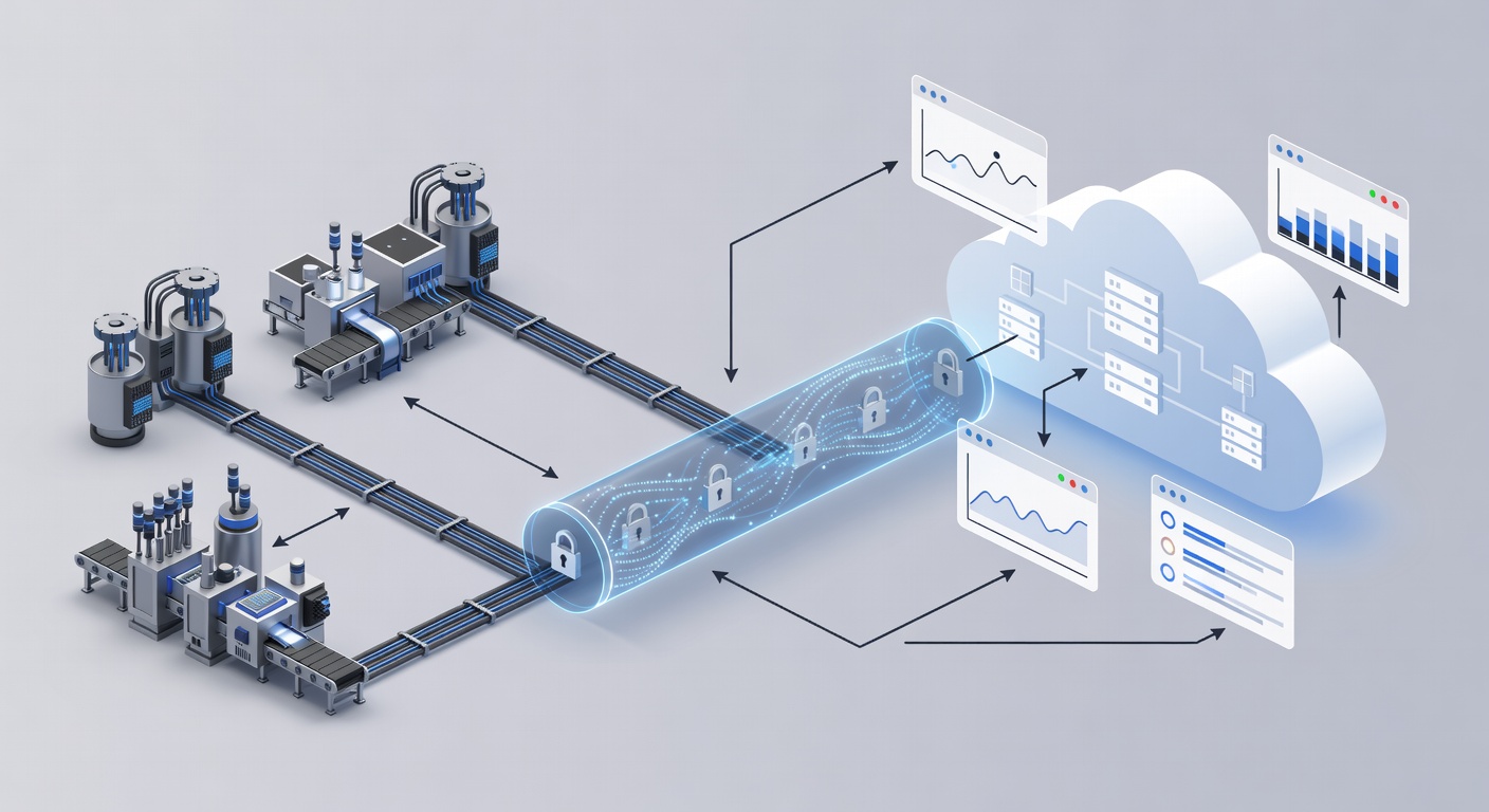 Technical diagram showing secure hybrid cloud architecture connecting factory PLC systems to Microsoft Azure via encrypted VPN with monitoring dashboards