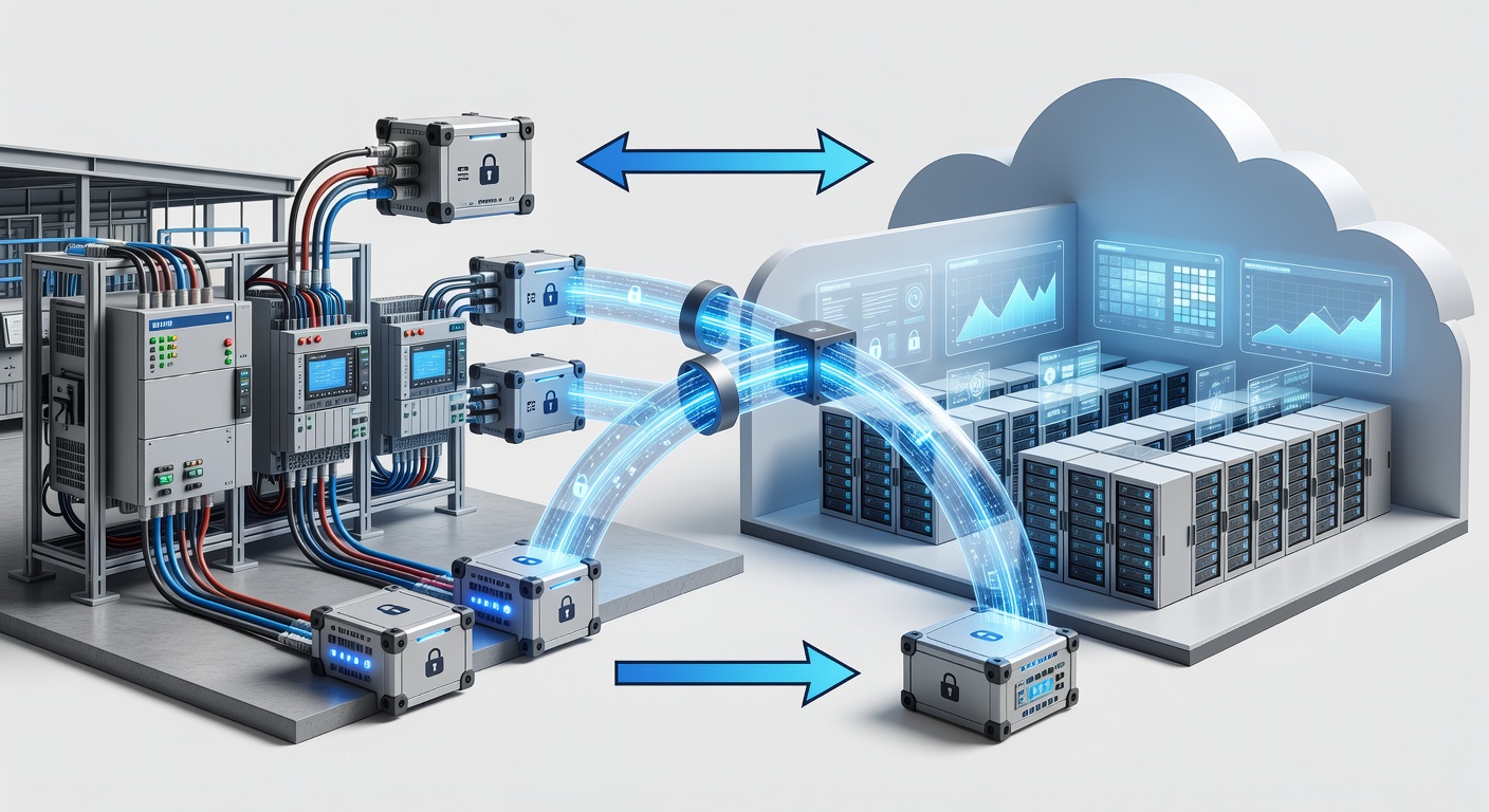 Technical diagram showing secure hybrid cloud architecture connecting factory PLC systems to Microsoft Azure via encrypted VPN with monitoring dashboards and labeled edge gateways