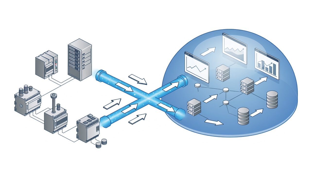 Technical diagram showing secure hybrid cloud architecture connecting factory PLC systems to Microsoft Azure via encrypted VPN with real-time monitoring dashboards