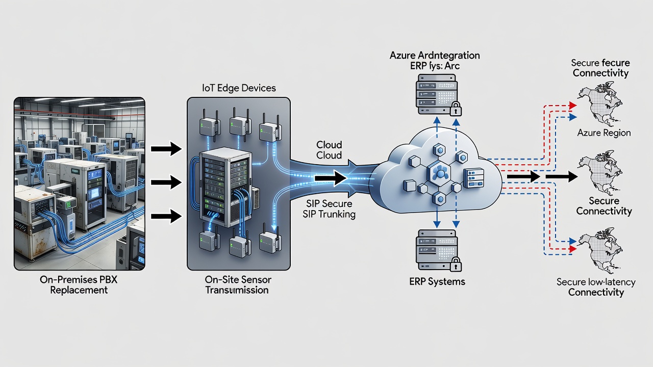 Technical diagram showing VoIP Solutions architecture for manufacturing plants, including on-premises PBX replacement, Azure Arc integration, IoT Edge devices, SIP trunking, ERP systems, and secure connectivity.