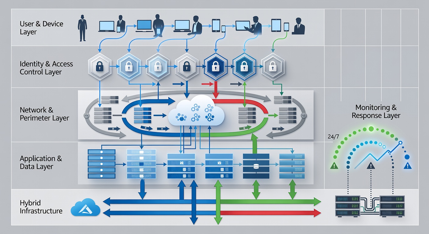Technical network diagram illustrating zero-trust security layers, Azure hybrid connectivity, and 24/7 monitoring dashboard for Central Florida clients
