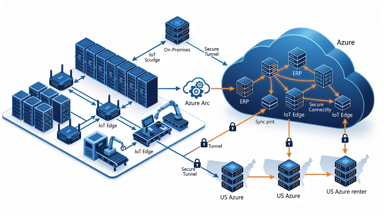 Technical diagram showing Azure hybrid cloud architecture for manufacturing plants, including on-premises servers, Azure Arc, IoT Edge devices, ERP systems, and secure connectivity to US Azure regions.