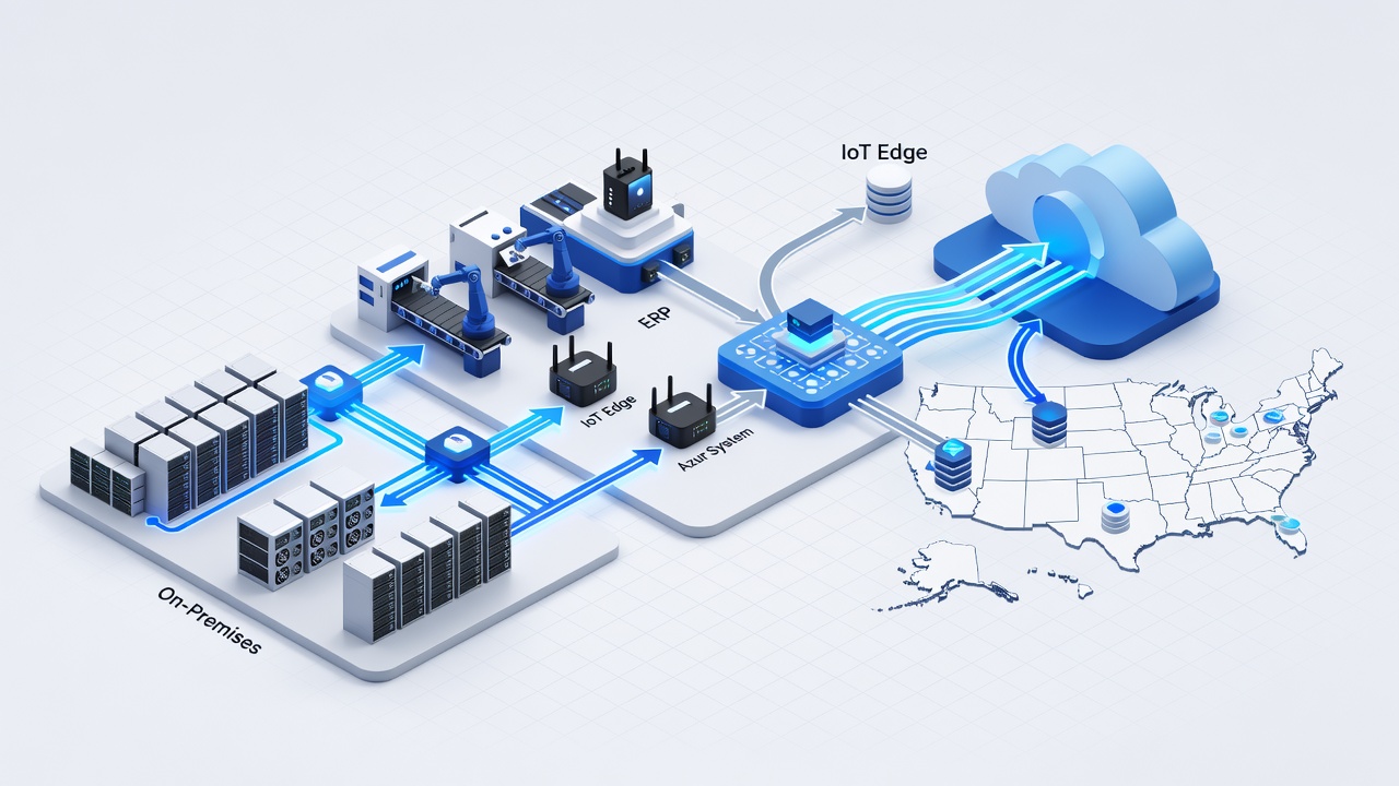 Technical diagram showing Azure hybrid cloud architecture for Orlando manufacturing plants, including on-premises servers, Azure Arc, IoT Edge devices, ERP systems, and secure connectivity to US Azure regions.