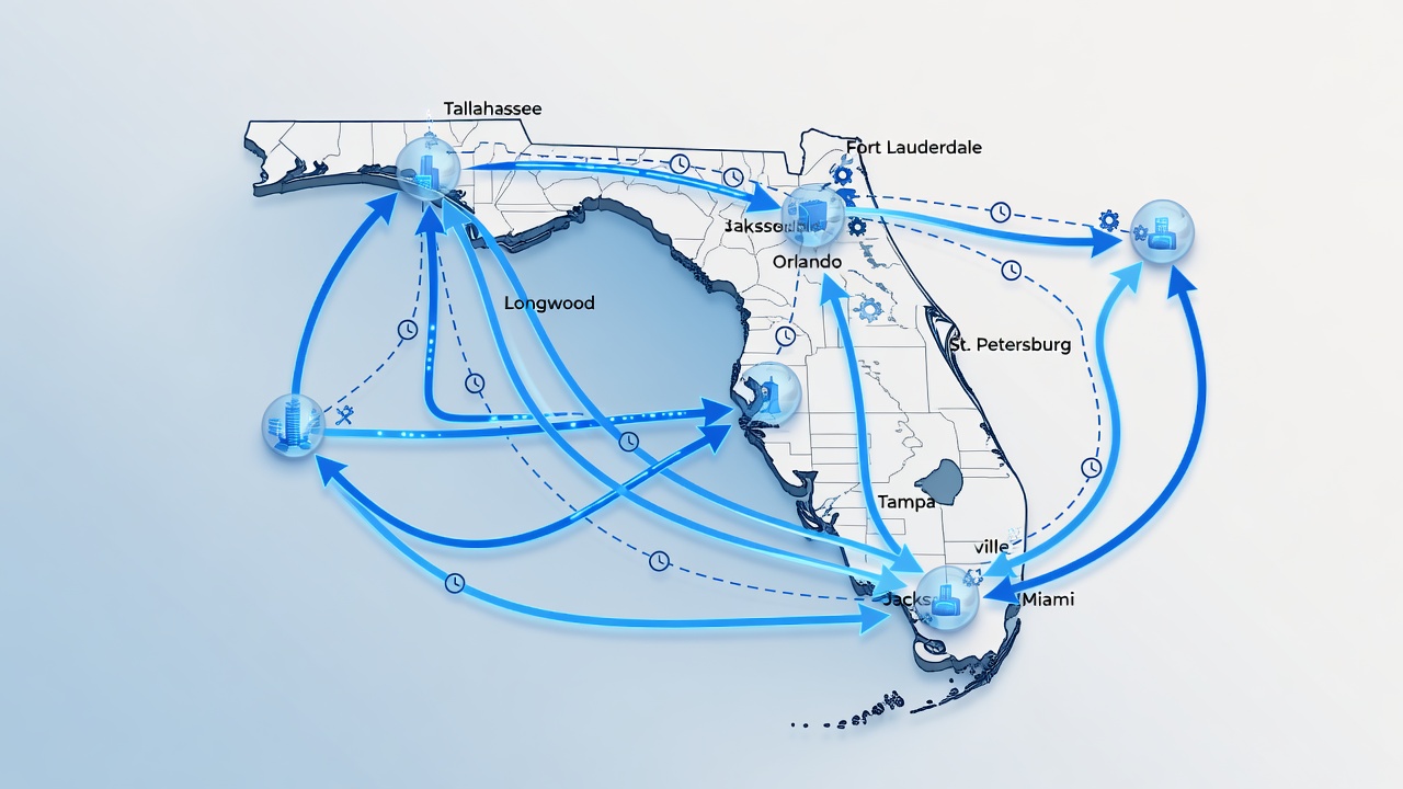Clean comparison chart graphic displaying managed IT service coverage and response characteristics for Longwood, Orlando, Tampa, Miami, Jacksonville, St. Petersburg, Fort Lauderdale, and Tallahassee