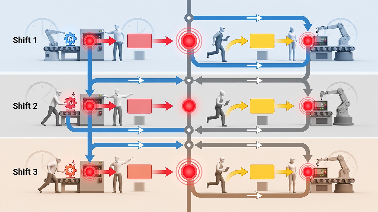 Clean flowchart illustrating rapid response SLAs for three manufacturing shifts with critical alerts under 15 minutes and non-critical alerts under 60 minutes.