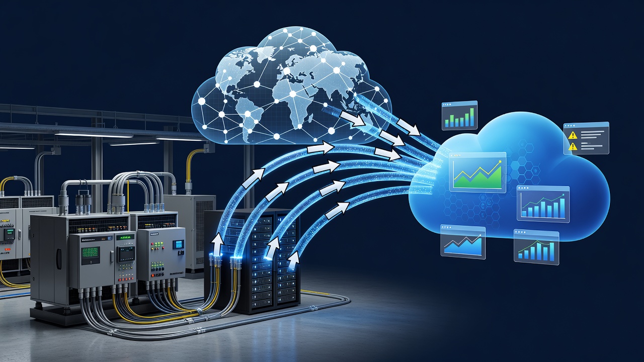Clean studio photograph of a secure hybrid cloud architecture diagram showing factory PLC systems connected to Microsoft Azure via encrypted VPN tunnels with monitoring dashboards