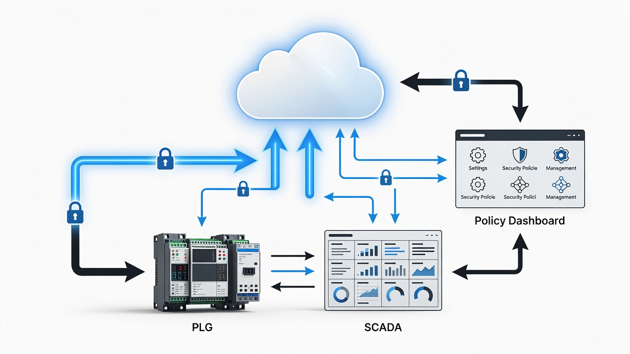 Clean technical diagram illustrating Azure Arc connected to factory PLC and SCADA systems through encrypted VPN with centralized policy dashboard