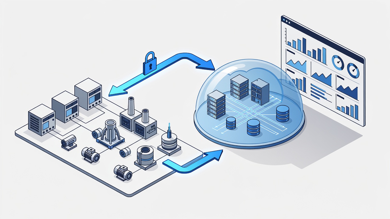 Clean technical diagram illustrating secure hybrid cloud architecture connecting factory PLC systems to Microsoft Azure via encrypted VPN with monitoring dashboards