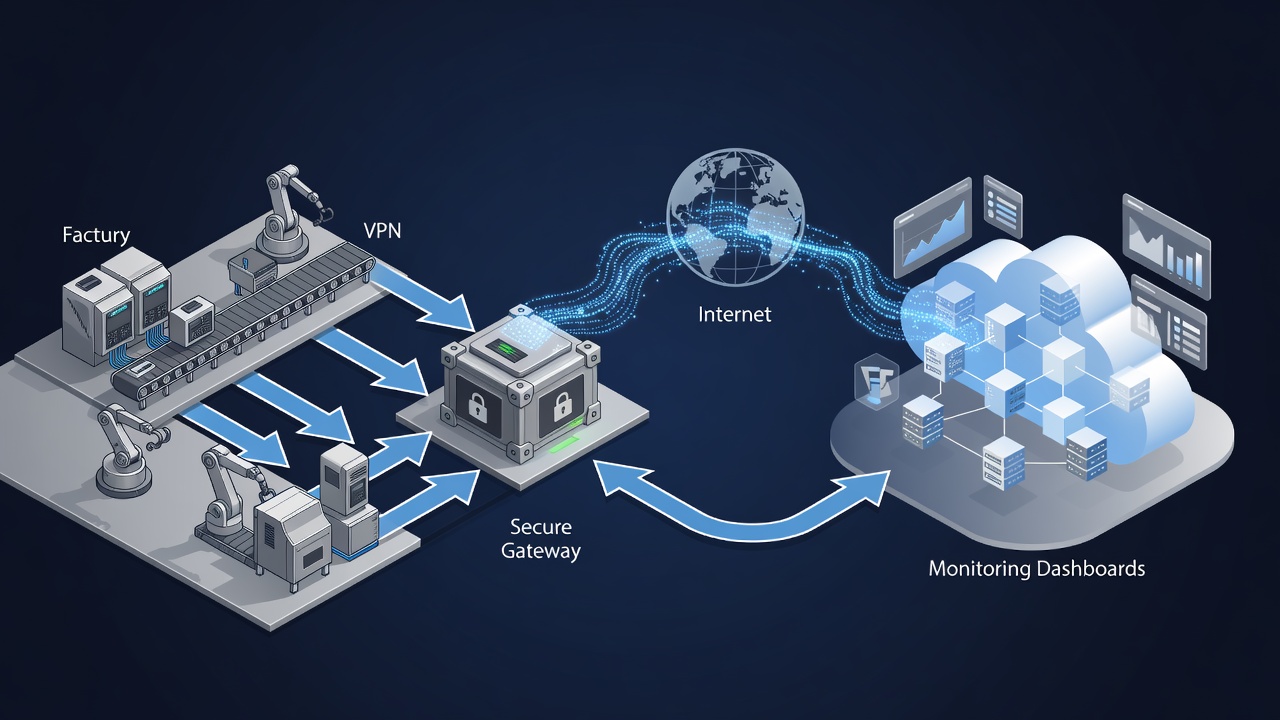 Clean technical diagram of secure hybrid cloud architecture connecting factory PLC systems to Microsoft Azure via encrypted VPN with monitoring dashboards