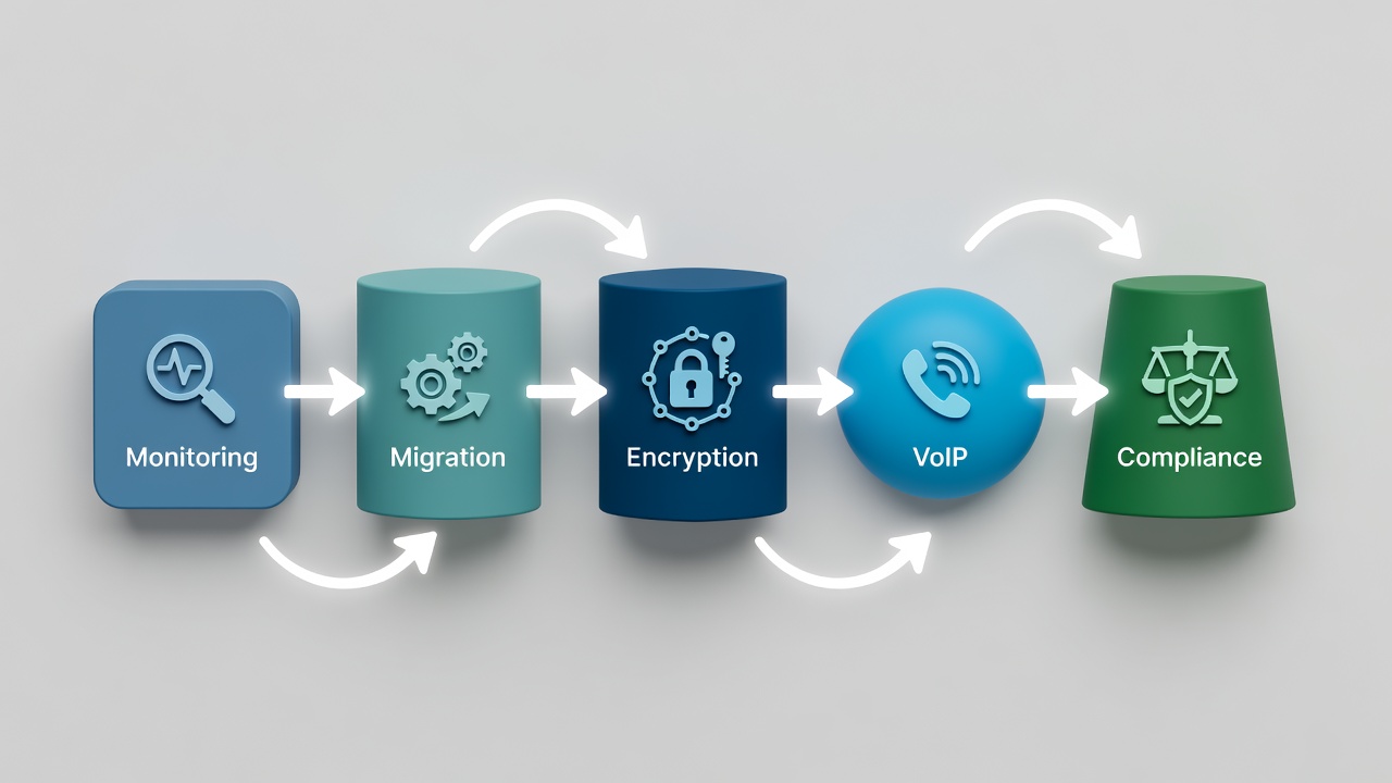 Clean technical diagram showing five connected service modules for Florida SME IT support packages including monitoring, migration, encryption, VoIP and compliance