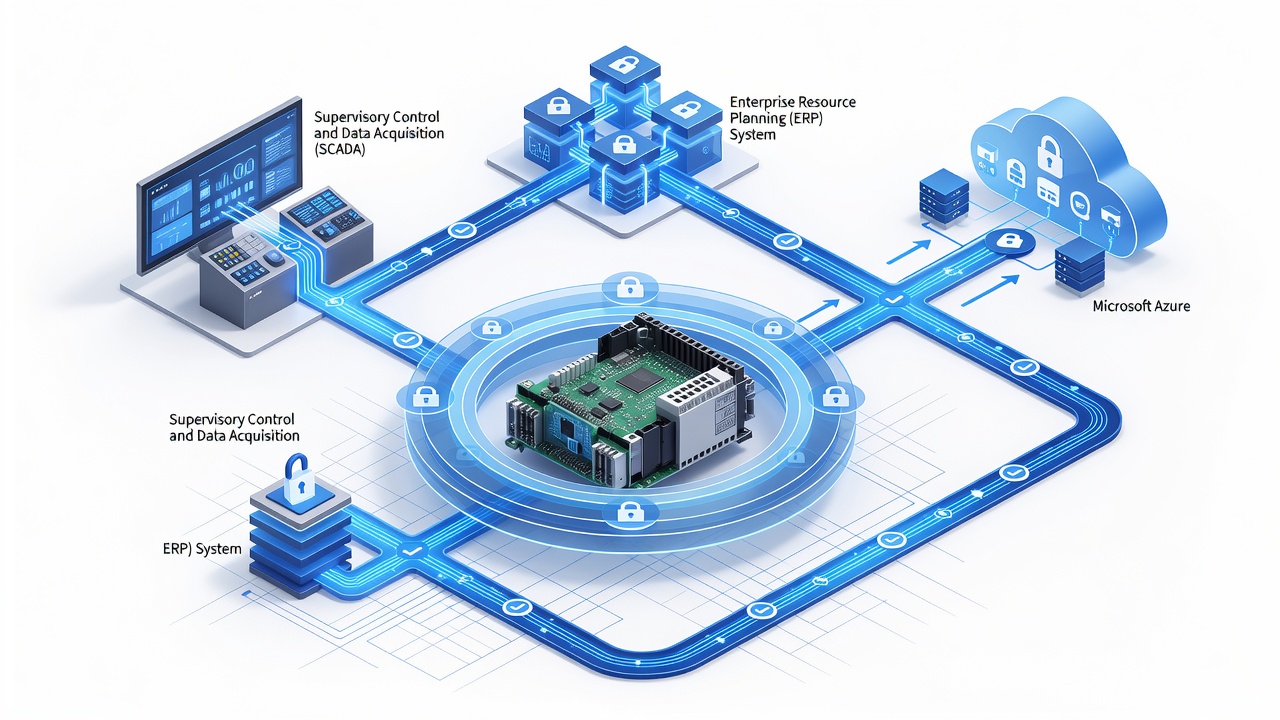 Clean technical diagram showing layered zero trust controls around PLC, SCADA, and ERP systems connected via encrypted VPN pathways to Microsoft Azure with verification checkpoints