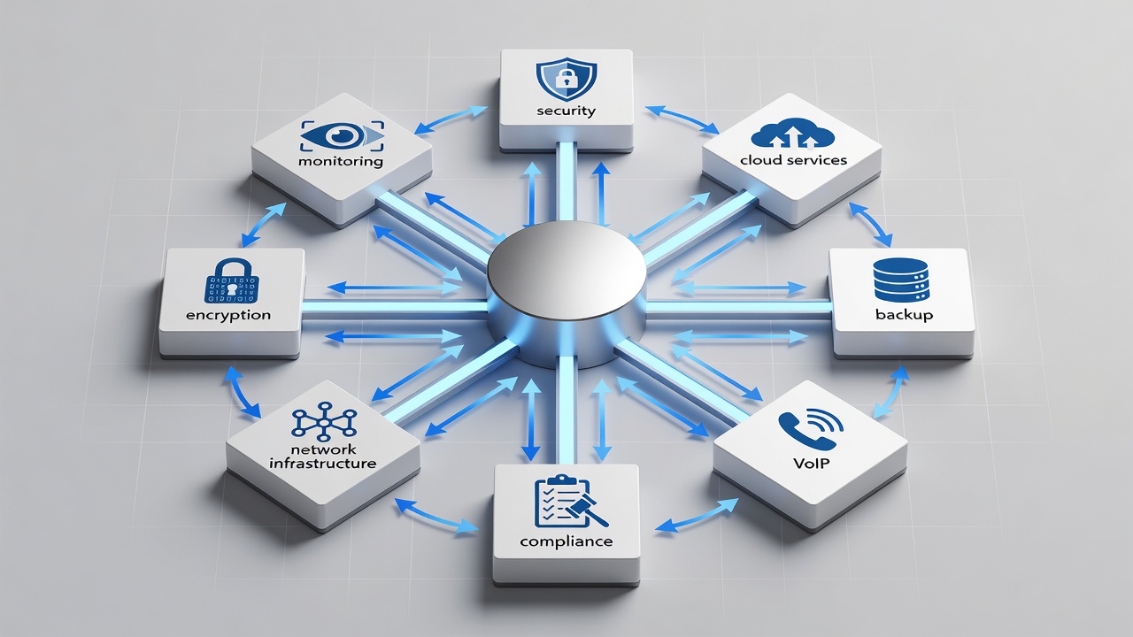 Clean technical diagram showing managed IT service layers for Jacksonville businesses including monitoring, security, cloud, backup, VoIP, network, encryption, and compliance modules connected in a central hub architecture.